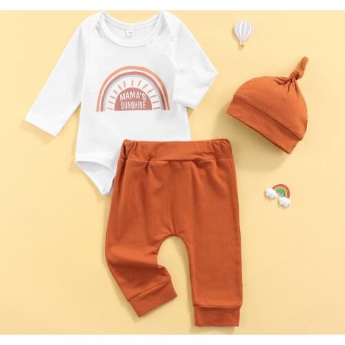 0-18M Newborn Baby Clothes Set Letter Rainbow Bodysuit Tops Trousers Knotted Cap Autumn Baby Girl Boy Clothes Outfit 3pcs