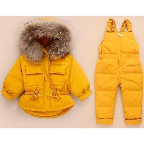 Russia Winter Children Clothing Sets Jumpsuit Snow Jackets+bib Pant 2pcs Set Baby Boy Girls Duck Down Coats Jacket With Fur Hood