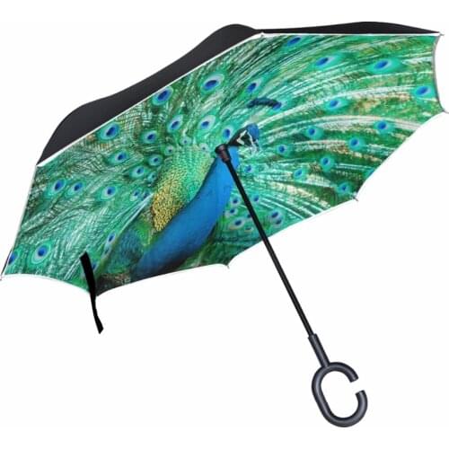 Creative C Hook Free Handle Reverse Umbrella Peacock Double Layer Windproof Rainy Sunny Umbrella