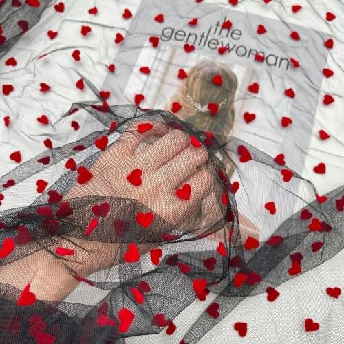 150cm Wide Red Heart Flocked Dot Mesh Tulle Guipure Lace Fabric High Quality Bridal Dress Wedding Decoration Sewing Net Fabric