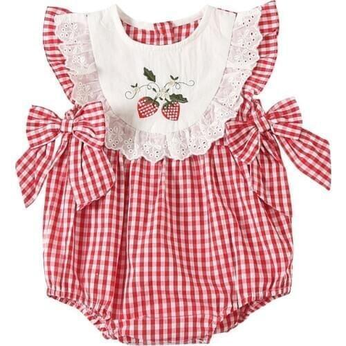 2020 Summer Infant Girl Romper Baby Plaid Rompers Cherry Embroidery Jumpsuit Newborn 1st Birthday Baptism Boutique Clothing