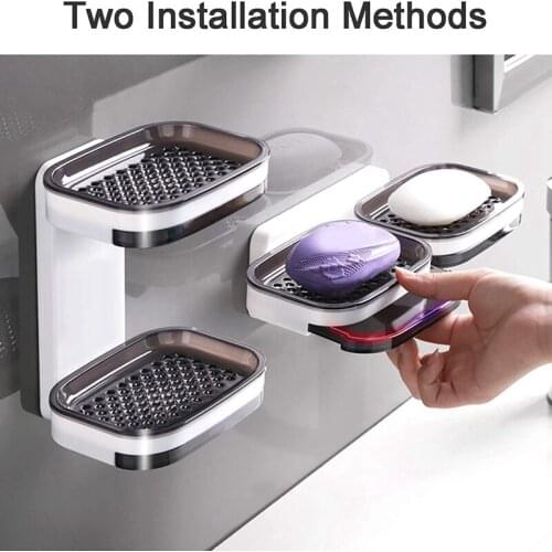 Hot Strong Double Layer Soap Dish with Drain Adhesive Bar Soap Holder Case with Drawer Sponge Holder Tray for Shower Kitchen