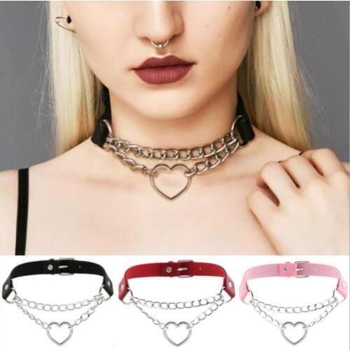 Trendy Gothic Heart Chain Choker Collar Harajuku Punk Choker Women Girls Black Leather Chocker Kawaii Jewelry Gifts