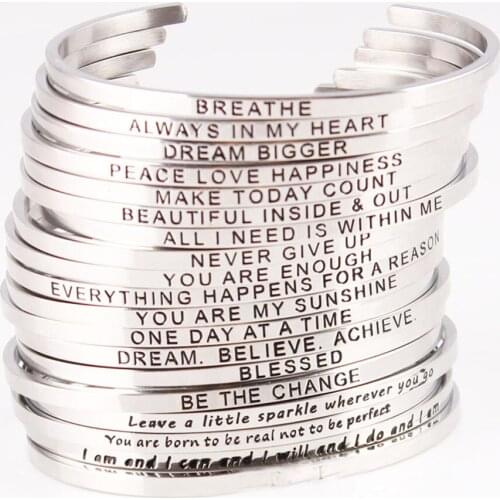 Fashionable Stainless Steel Front Engraved Bangle 3mm Inspirational Motto Mantra Bracelet Women Best Jewelry Gift Drop Shipping