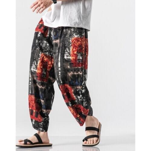 5XL Plus Size Cotton Linen Harem Pants Men Jogger Casual Pants Male Print Retro Trousers Chinese Style Y1855