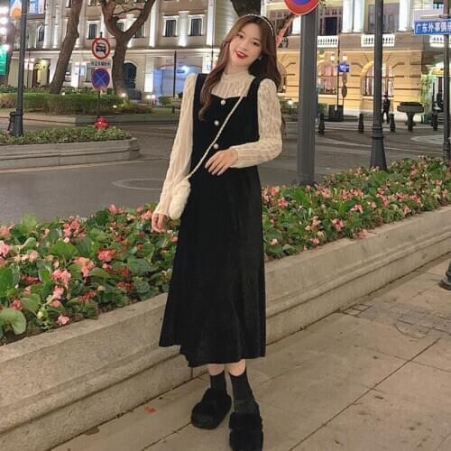 2020 Autumn and Winter New Korean Style Lace Stitching Fake Two-Piece Black Long Sleeve Dress for Women sweet lolita dress