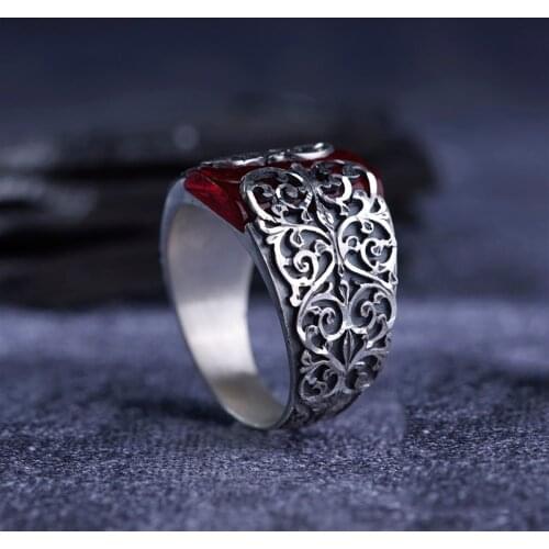 Fiery Amber 925 Sterling Silver Engrave Special Craftmanship Traditional Handmade Turkish Signet Ring Jewelry Gift for Women Men