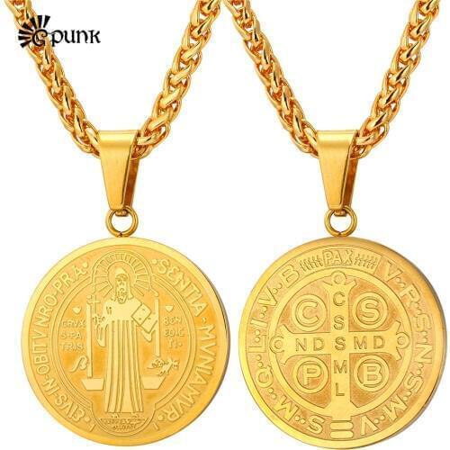 Saint Benedict Medal Pendant Necklace Gold Color Stainless Steel Men Necklace Gift
