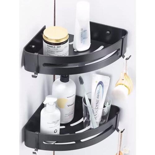 Bathroom Shelf Organizer Shower Storage Rack Black Corner Shelves Wall Mounted Aluminum Toilet Shampoo Holder No Drill