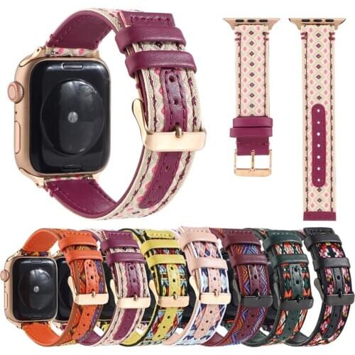 For Apple Watch 6 40/44MM 42/38MM Strap Leather+Canvas Fabric Band Ethnic Style Bracelet for iWatch Series SE/5/4/3/2 Wrist Belt
