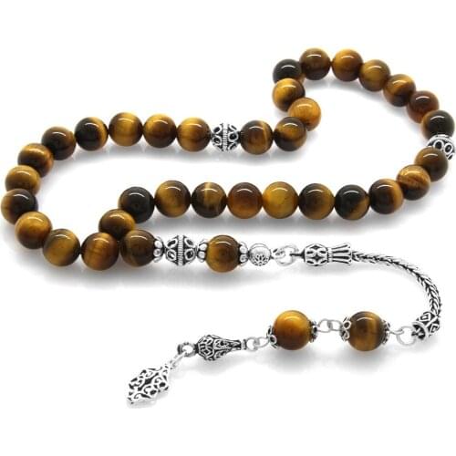 Tesbihane 925 Sterling Silver Tassels Sphere Cut Tiger 'S Eye Natural Stone Rosary