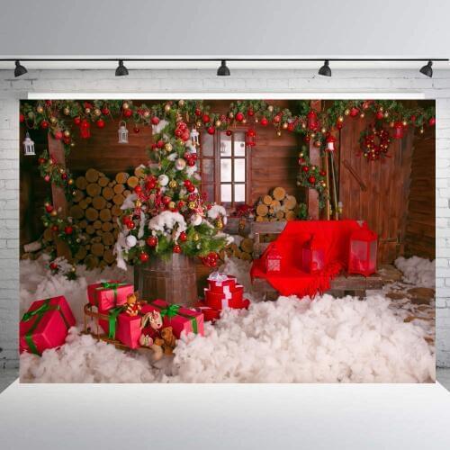 Outdoor red Christmas Backdrop snow Tree Backdrops Party Decoration Background Xmas Event family photo booth shoot studio