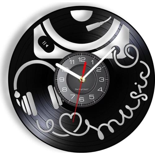 Music Time Vintage Wall Clock Retro Gramophone & Modern Headphone Wall Watch With LED Illumination Carved Vinyl Record Art-Decor