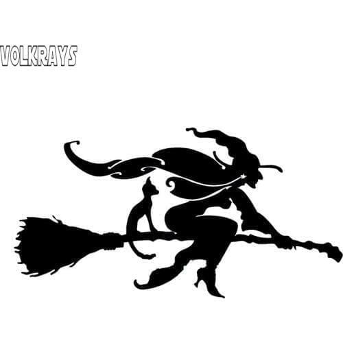 Volkrays Interesting Car Sticker Witch and Cat on Broomstick Accessories Reflective Vinyl Decal Black/Silver,6cm*14cm