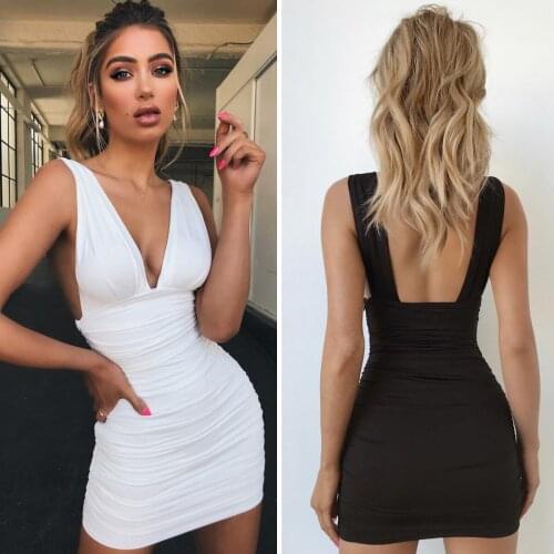 2021 Womens Clothing Solid Color Stitching Open Back Sexy Sleeveless Slim Deep V Pleated Dress Temperament Commuter
