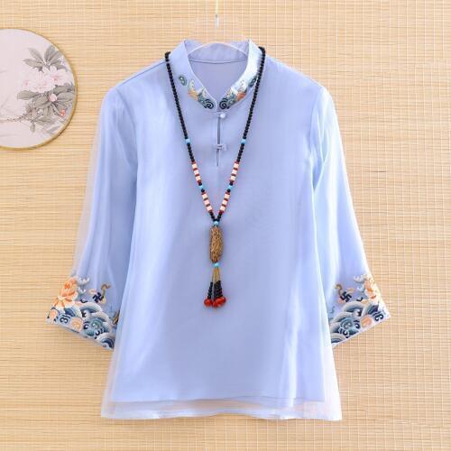 High-end Spring Summer Chinese Style Embroidery Floral Organza Blouse Shirt Women Fashion Elegant Loose Lady Shirt Top S-XXL