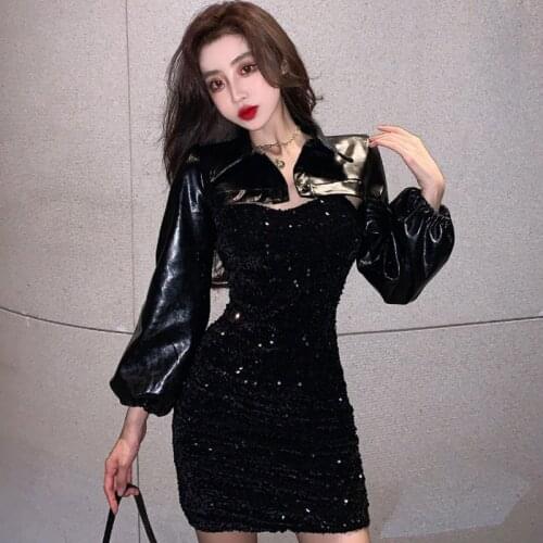 Women Sexy Dresses Party Night Club Dress 2020 New Two-piece Fashion PU Leather Jacket + Tight Fits Hip Sling Sequin Dress Suit