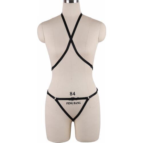 Harajuku Gothic Pentagram Harness Sexy cosplay Costumes Black Open Chest Cage Bralette Bondage Pentagram Bra Fetish Wear N0066