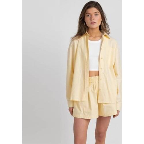 Yellow Solid Sportswear Women Long Sleeve Shirt Button Top High Waist Loose Shorts Summer Two Piece Sets Tracksuit 2021