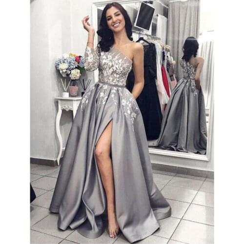 Vestidos De Fiesta Sexy Satin A Line Long Sleeve 2021 Appliques One Shoulder Prom Dresses High Split Abiye Gece Elbisesi Gala