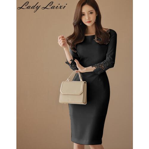 2019 Autumn New Fashion Solid Lace Patchwork Elegant Pencil Dress Women Fitted Sheath Bodycon Dress OL Work Vestidos red white