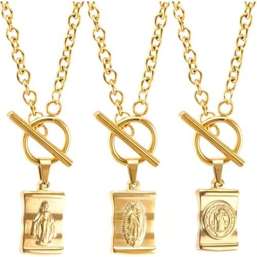 Stainless steel Madonna Guadalupe Coin Pendant Necklace For Women Toggle Choker Jewelry