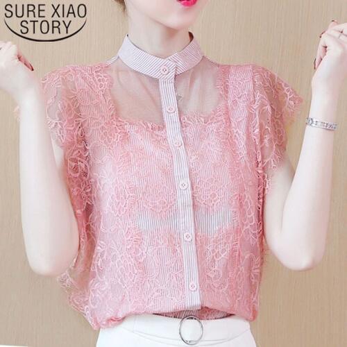 Blusas Mujer De Moda 2021 Chiffon Blouse Shirt Ladies Tops Button Lace Solid Stand Pink Top For Women Shirts Short 4787 50