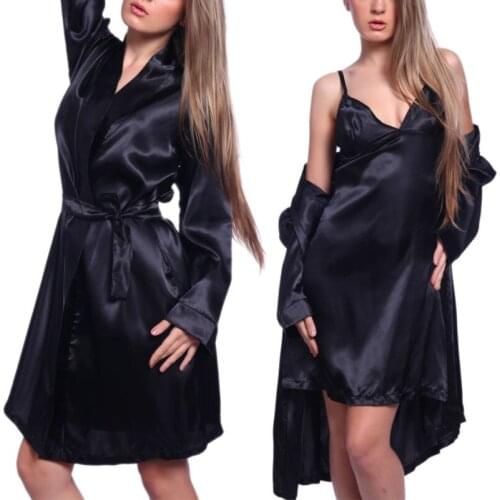 3Pcs New Women Sexy v-Neck Satin Lingerie Robe Mini Dress Sleepwear Nightwear Underwear + G-String
