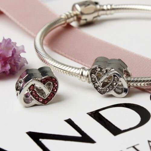 5PCS Silver Plated White/Pink Rhinestone Heart to Heart Charm Love Bead Fit Charm Bracelet DIY Original Silver Jewelry