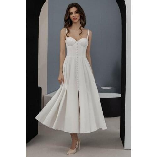 Ivory Satin Sweetheart Spaghetti Straps Mid Calf A-Line Wedding Dress Custom Made Bridal Gowns