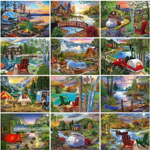 Evershine Diamond Painting Lake Diamond Embroidery House Mosaic Natural Scenery Cross Stitch Rhinestone Picture Wall Decor