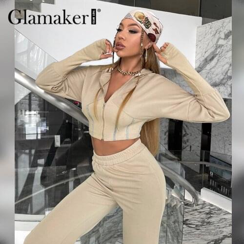 Glamaker Hooded sweatershirt tracksuits pants set Sportwear Lantern sleeve sweatershirt cropped top Elastic waist Trouser suits