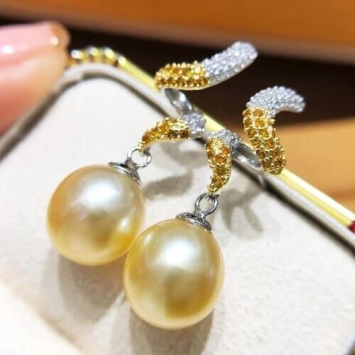 HENGSHENG Hot Natural Ocean Golden Pearls Earrings Women Wedding Jewellry 925 Sterling Silver Gorgeous Zircon Drop Earrings Gift