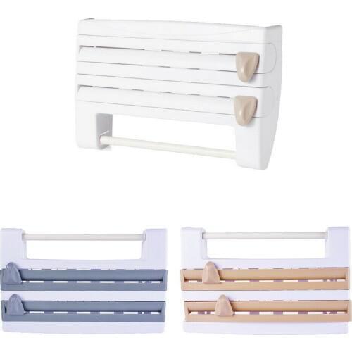 4-in-1 Kitchen Roll Dispenser Cling Film Tin Foil New Kitchen Aluminum Film Cutter Paper Towel Wall Mounted Towel Holder Rack