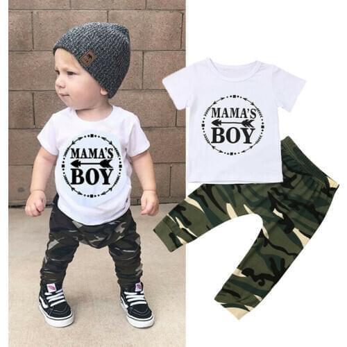 Summer Newborn Kids Baby Boy Clothes Set Cotton Letters Tops T-Shirt Camouflage Pants 2Pcs Outfits Sets