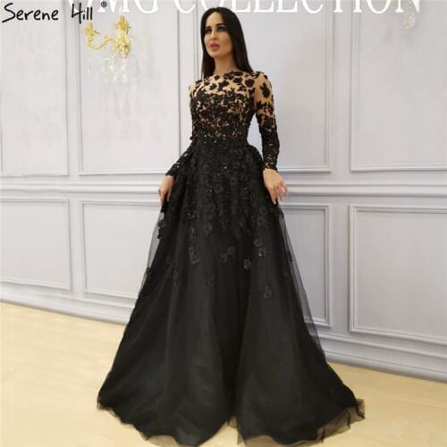 Muslim Black Long Sleeves Crystal Prom Dresses 2020 O-Neck Handmade Flowers Prom Gowns Serene Hill BLA70007