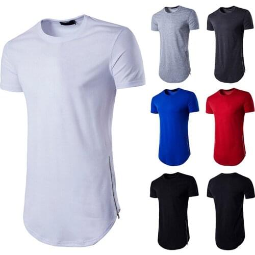 Mens Long Short Sleeved T-Shirt Solid Color Round Collar Pullover T-Shirt with Double Side Zipper Casual Loose Tops for Youth
