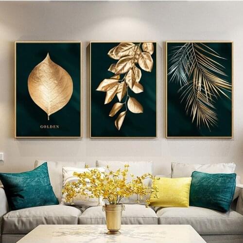 Nordic Golden Plant Leaves Canvas Painting Posters and Prints Cuadros Wall Art for Living Room Home Decor (No Frame)