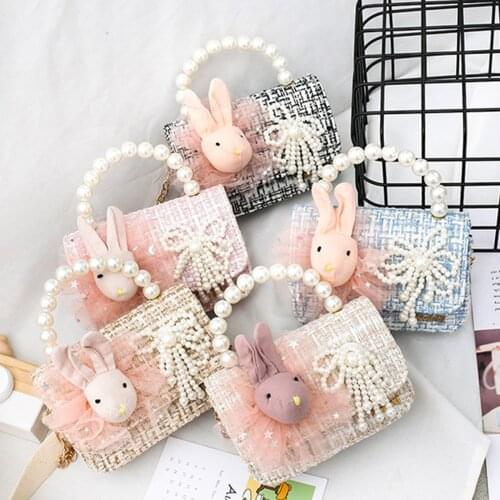 2021 Brand New Little Girls Handbag Lightweight Crossbody Purse Rabbit Pearl Clutch with Chain Strap Children Handbag