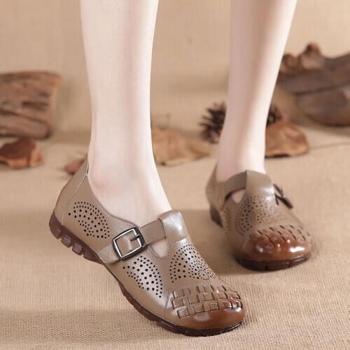 OUKAHUI Vintage Genuine Leather Cover Toe Hollow Out Summer Flat Shoes Women 2021 Low Heel Soft Breathable Buckle Ladies Shoes