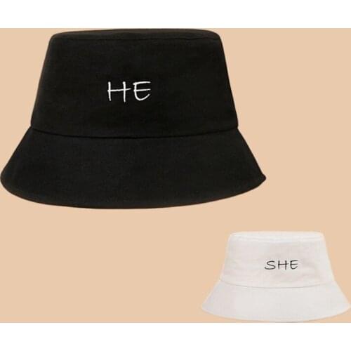 Wholesale Men Women She And He Letter Embroidery Bucket Hat Hip Hop Fishing Cap Adult Panama Bob Hat Summer Lovers Flat Hat