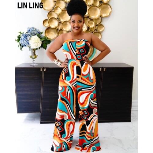 LINLING Womens Art Print Outfits Jumpsuits Tube Crop Top Wide Leg Pants Set Jumpsuit Women Elegance Sexy Streetwear