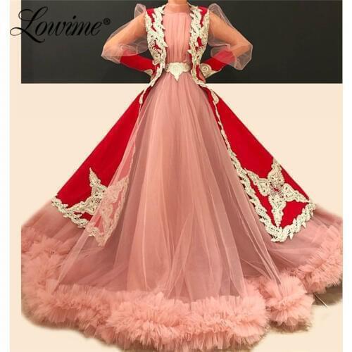 Pink Muslim Middle East Evening Dresses Robe De Soiree 2019 Long Sleeves Gold Applique Formal Dress Arabic Prom Party Gowns