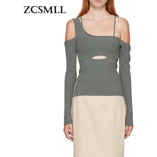 ZCSMLL Hollow Out Gray Knitting Sweater Loose Fit Slash Neck Long Sleeve Women Pullovers New Fashion Autumn Winter 2021 J122