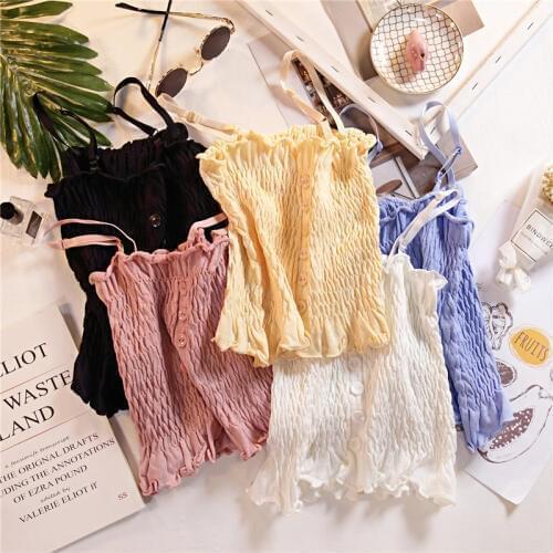 HELIAR Buttoned Up Knitting Tops Knitted Camis Cute Crop Tops Pleated Camisole Ladies Camis Sleveeless Spaghetti Top For Women