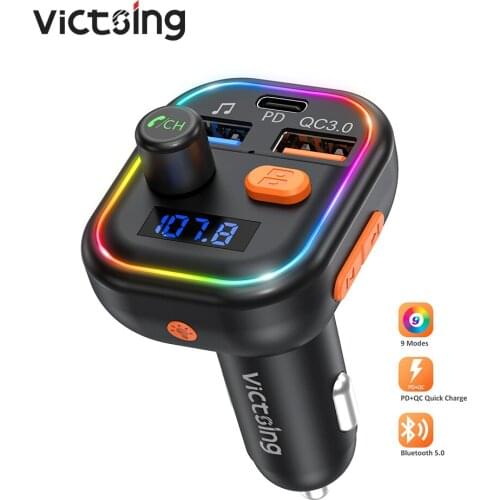 VitcSing BH438 RGB V5.0 Bluetooth FM Transmitter for Car Dual Quick Charge Deep Bass Audio Adapter Receiver Car Charger Kit