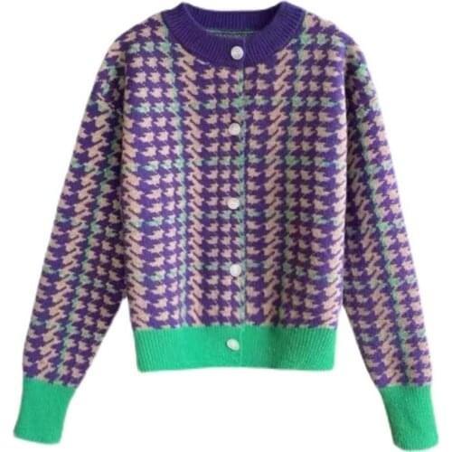 Houndstooth Knitted Cardigan Sweater Women Autumn Full Sleeve Single Breasted Jumpers Vintage Loose Female Tops Femme 2021