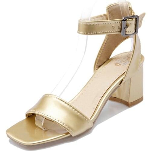 Sianie Tianie 2021 Summer Solid Gold Silver PU Chunky High Heels Woman Shoes Plus Size 44 45 Ankle Buckle Strap Women Sandals