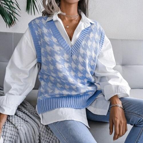 Womens 2021 Fall Winter New V Neck Houndstooth Casual Loose Knitted Vest For Ladies Fashion All Match Chic Sweater