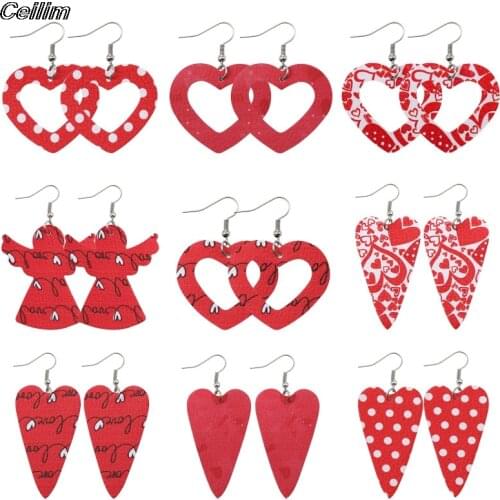 2021 Love Heart Pendant Hollow Pu Leather Dangle Earrings For Women Valentines Day Gift Wholesale Valentine Earrings